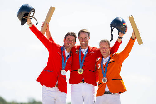 Individual Show Jumping Medalists     L:R Silver Medalist Steve Guerdat (SUI), Gold Medalist Christian Kukuk (GER) and Bronze Medalist Maikel van der Vleuten (NED) after Individual Show Jumping Final at the Chateau de Versailles for the Paris 2024 Olympic Games.     Photo Credit: FEI/Benjamin Clark