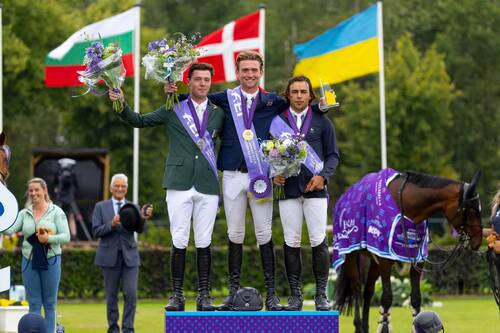 FEI Jumping European Championships Kronenberg 2024Podium Young Riders Individual Final.First place for Olivier Fletcher from Great Britain second place for Francis Derwin from Ireland and third place for Jules Orsolini from France during the FEI Jumping European Championships Young Riders Individual Final in Kronenberg NED on 21 July  2024Copyright © FEI/Leanjo de Koster