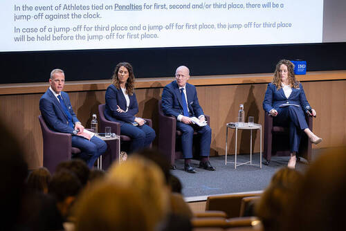 From left to right FEI Director of Jumping Todd Hinde, FEI Director of Eventing & Driving Molly Day, FEI Director of Dressage, Para Dressage & Vaulting Ronan Murphy, FEI Executive Director of Sport & Games Aine Power who formed the panel for Session 2 - Olympic and Paralympic Regulations Los Angeles 2028. © FEI/Germain Arias-Schreiber