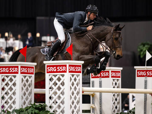 LONGINES FEI Jumping World Cup™of Basel 2025, SwitzerlandJULIEN EPAILLARD of France on DONATELLO D'AUGE tackles a jump to win Longines FEI Jumping World Cup of Basel over 160 cm during Longines CHI Classics in Basel, Switzerland, January 12, 2025.