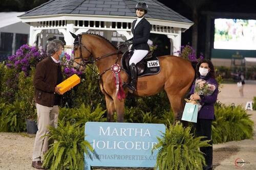 Adrienne Sternlicht, pictured aboard Bennys Legacy, accepts the Leading Lady Rider Award from Dr. Stephen Norton (left) and Martha Jolicoueur during week one of the Winter Equestrian Festival in Wellington, FL. Photo by Sportfot