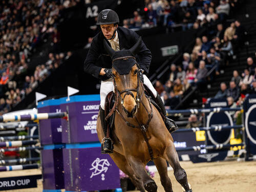 LONGINES FEI Jumping World Cup™of Basel 2025, SwitzerlandMAIKEL VAN DER VLEUTEN of the Netherlands on BEAUVILLE Z N.O.P. competes to finish second in Longines FEI Jumping World Cup of Basel over 160 cm during Longines CHI Classics in Basel, Switzerland, January 12, 2025.
