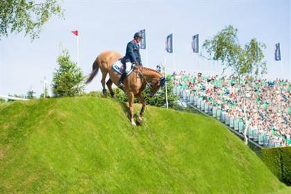 William Funnell and Billy Buckingham come down the Hickstead Derby Bank in the 2018 Al Shira'aa Derby.  © Nigel Goddard