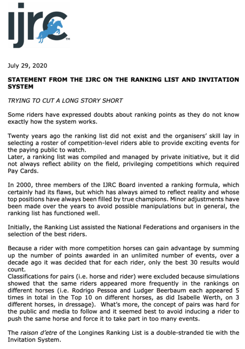 STATEMENT FROM THE IJRC ON THE RANKING LIST AND INVITATION SYSTEM 1