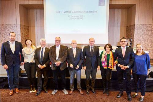 New EEF Board as of October 27 2021. L to R: Quentin Simonet (FRA), Nayla Stössel (SUI), Simone Perillo (ITA), Ulf Helgstrand (DEN), Theo Ploegmakers (NED), George Dimaras (GRE), Eleonora Ottaviani (Athletes´ representative), Soenke Lauterbach (GER), General Secretary Carina Mayer  photo credits: Leo Hagen