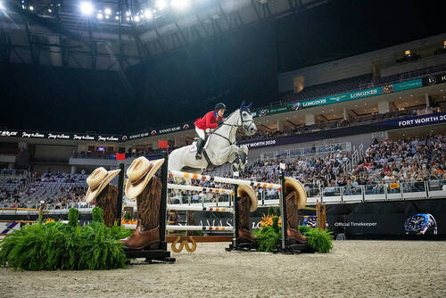 nUSA Katie Dinan (USA) and Out of the Blue SCF USA during the Longines FEI Jumping World Cup™ - Second Final Competition of The FEI World Cup™ Finals Fort Worth 2026 North American League Fort Worth Texas USA, Copyright © FEI/Shannon Brinkman