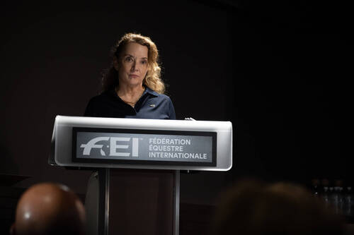 FEI Secretary General Sabrina Ibáñez at the opening of the FEI Jumping Tack Forum on 14 October 2025. © FEI/Félix Imhof