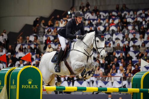 Kevin Staut of France riding Tolede de Mescam Harcour during the CHI de Geneva - Rolex Grand Slam of Show Jumping on December 10, 2021 in Geneva, Switzerland. (Photo by Pierre Costabadie/Icon Sport)