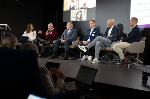 A panel discussion during the FEI Jumping Tack Forum on 14 October 2025. Pictured from left to right: Áine Power, FEI Executive Director, Sport and Games; Philippe Lejeune (BEL); Charles Maudlin (IRL), Level 4 Steward; Henrik Ankarcrona, chef d’équipe SWE; François Mathy Jr (BEL), President of the International Jumping Riders Club (IJRC); and Todd Hinde, FEI Jumping Director. © FEI/Félix Imhof