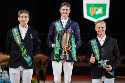 Henrik von Eckermann of Sweden Jerome Guery of Belgium and Jerome Guery of Belgium  during the CHI de Geneva - Rolex Grand Slam of Show Jumping on December 10, 2021 in Geneva, Switzerland. (Photo by Pierre Costabadie/Icon Sport)