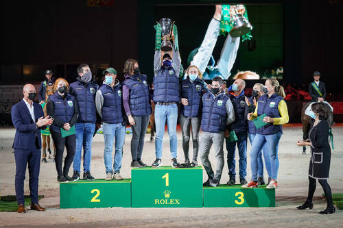 Grooms during the CHI de Geneva - Rolex Grand Slam of Show Jumping on December 10, 2021 in Geneva, Switzerland. (Photo by Pierre Costabadie/Icon Sport)