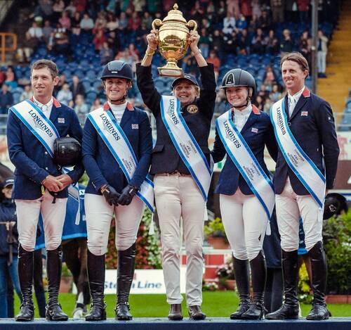 L Jumping Nations Cup™ of Ireland - Dublin Horse ShowLeft to right : Scott Brash, Holly Smith, Di Lampard, Emily Moffitt and Ben Maher