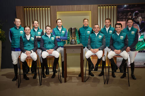 Presentation of the riders of the top ten final with Peder Fredricson (SWE) Simon Delestre (FRA) Kevin Staut (FRA) McLain Ward (USA) Martin Fuchs (SUI) Henrik von Eckermann (SWE) Julien Epaillard (FRA) Harrie Smolders (NED) and Marlon Modolo Zanotelli (BRA)  during the day 2 of Rolex Grand Slam of Show Jumping  on December 8, 2022 in Geneva, Switzerland. (Photo by Pierre Costabadie/Icon Sport)